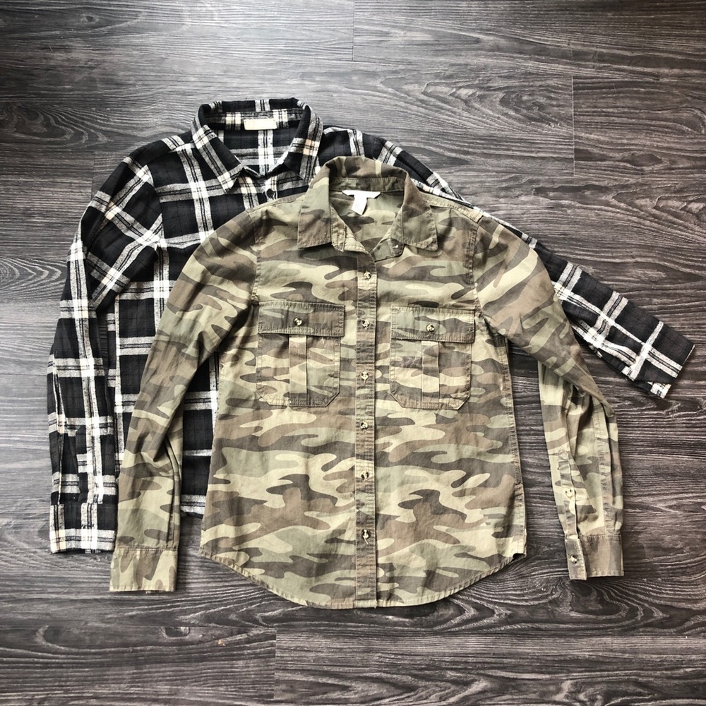 2 Pack Camo and Plaid Button Down shirts